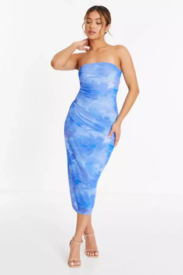 Women Petite Blue Tie Dye Mesh Bandeau Midi Dress Quiz Clothing Dresses