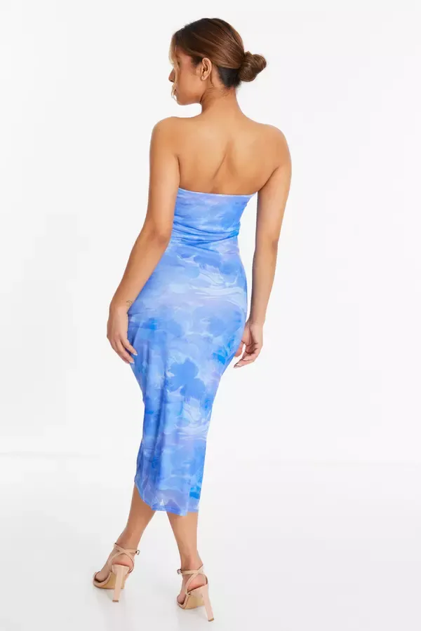 Women Petite Blue Tie Dye Mesh Bandeau Midi Dress Quiz Clothing Dresses