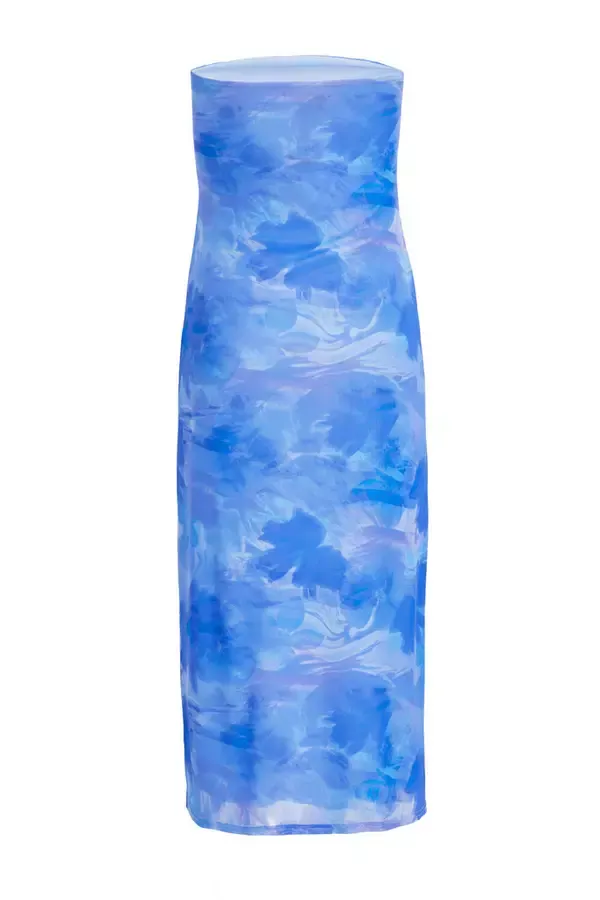 Women Petite Blue Tie Dye Mesh Bandeau Midi Dress Quiz Clothing Dresses