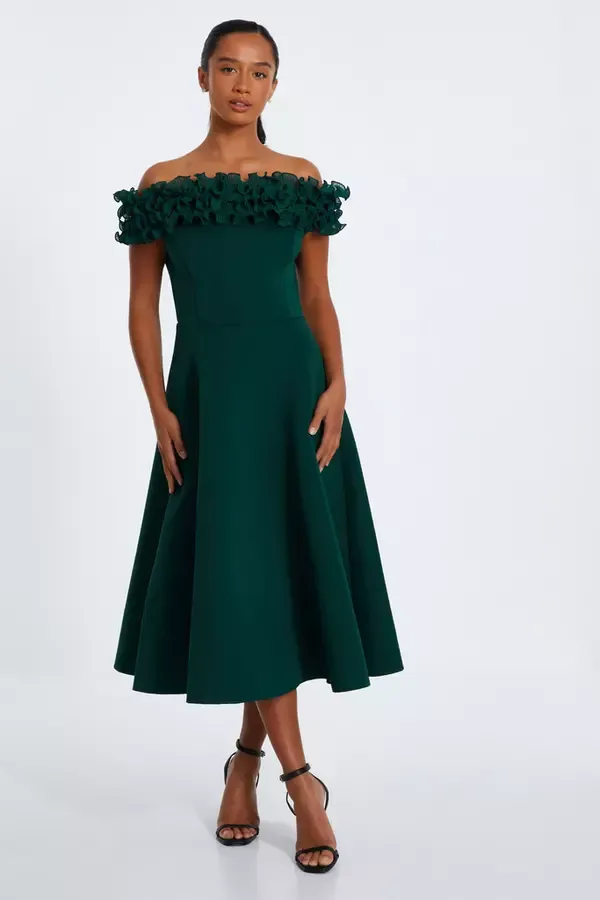 Women Petite Bottle Green Bardot Ruffle Skater Midi Dress Quiz Clothing Dresses