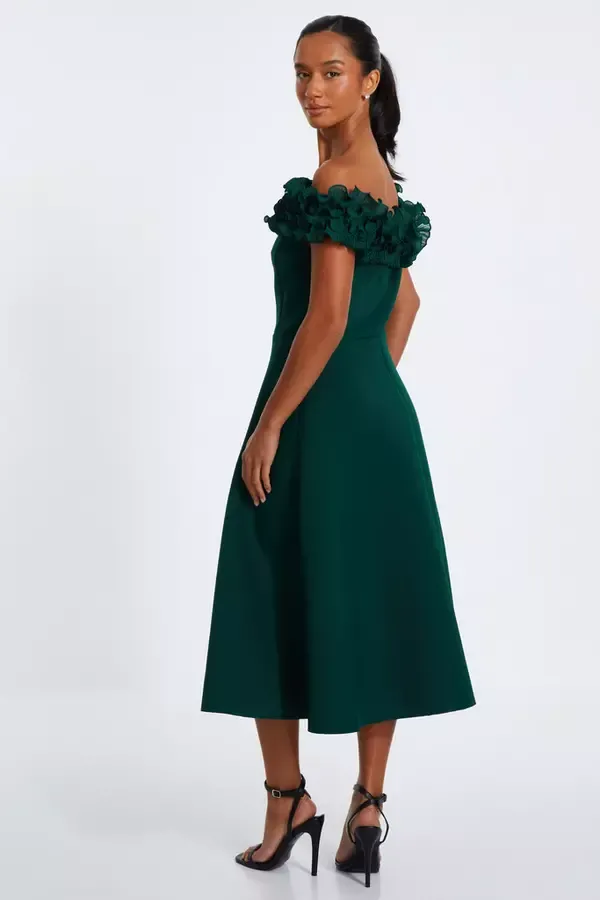 Women Petite Bottle Green Bardot Ruffle Skater Midi Dress Quiz Clothing Dresses Women Petite Bottle Green Bardot Ruffle Skater Midi Dress Quiz Clothing Dresses