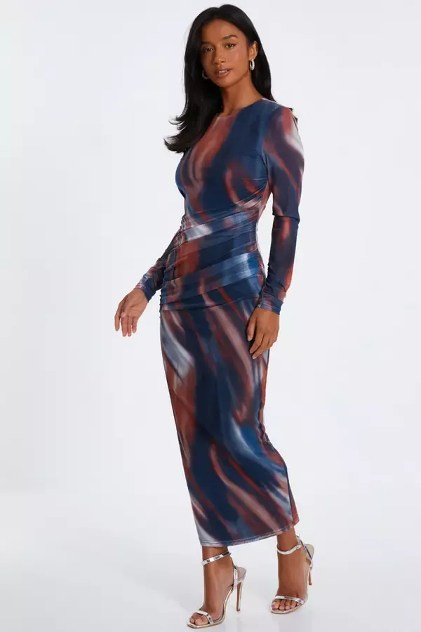 Women Petite Dark Blue Marble Print Midaxi Dress Quiz Clothing Dresses