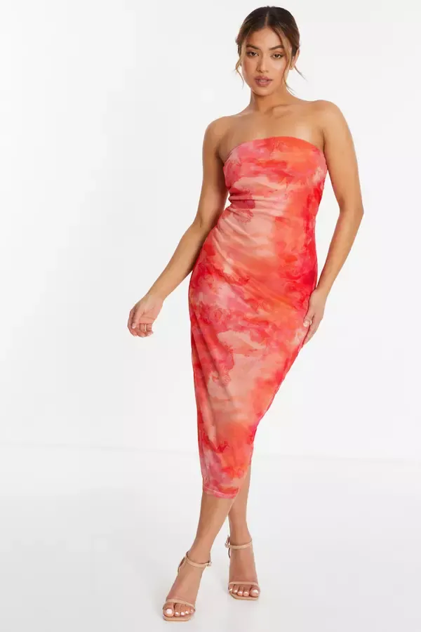 Women Petite Orange Tie Dye Mesh Bandeau Midi Dress Quiz Clothing Dresses