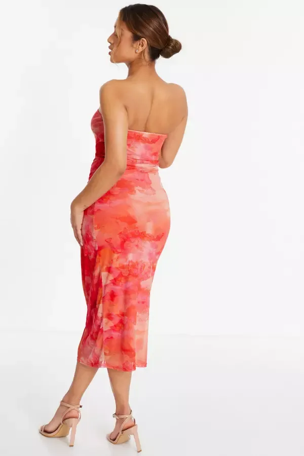 Women Petite Orange Tie Dye Mesh Bandeau Midi Dress Quiz Clothing Dresses