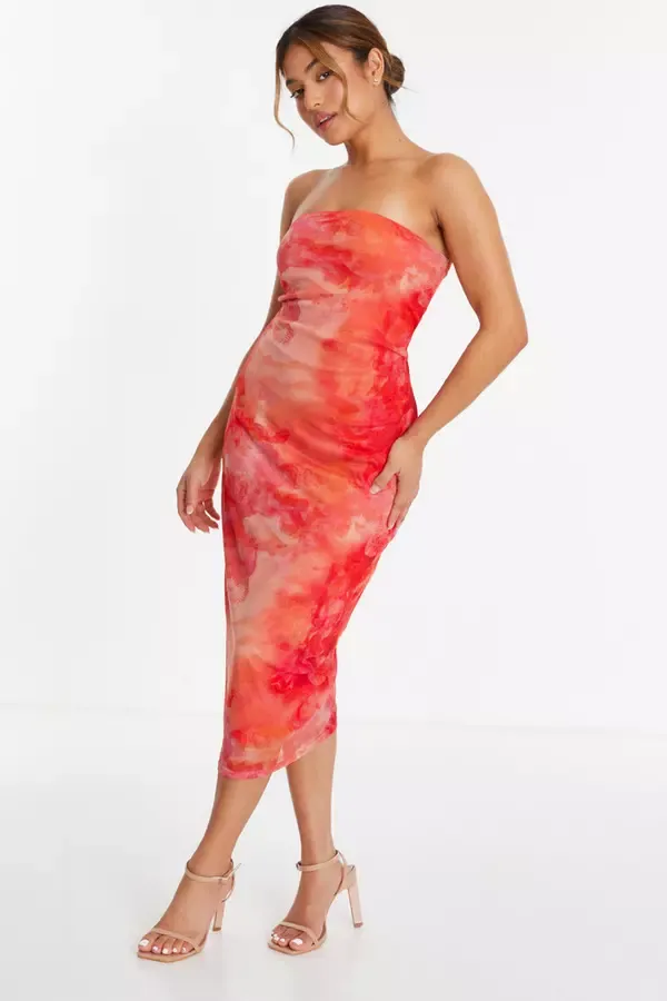 Women Petite Orange Tie Dye Mesh Bandeau Midi Dress Quiz Clothing Dresses