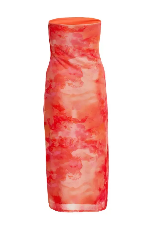 Women Petite Orange Tie Dye Mesh Bandeau Midi Dress Quiz Clothing Dresses