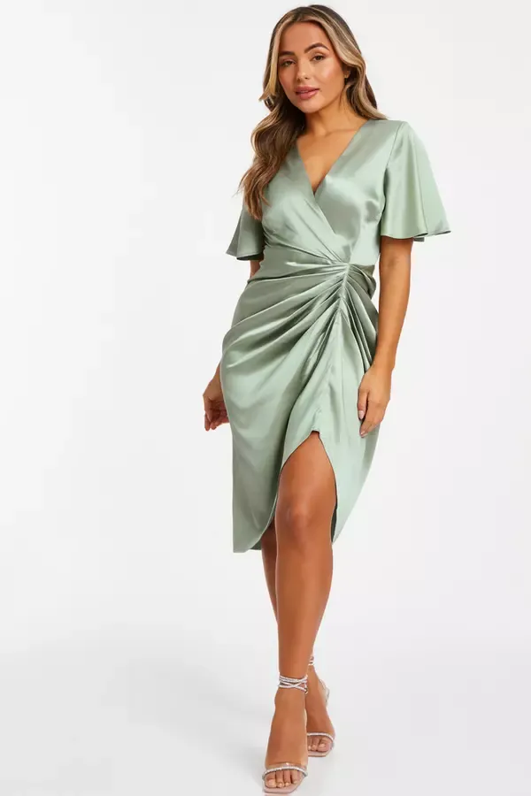 Women Petite Sage Satin Ruched Wrap Midi Dress Quiz Clothing Dresses