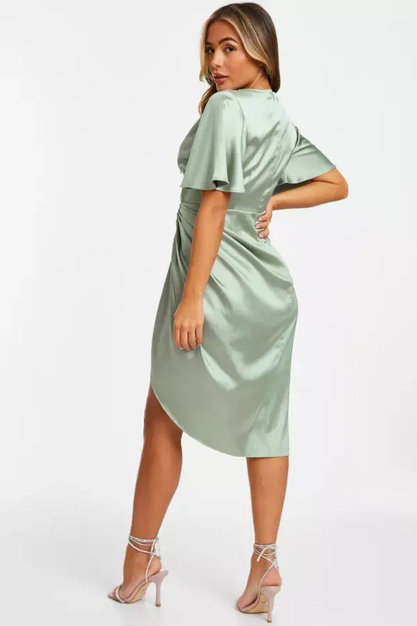 Women Petite Sage Satin Ruched Wrap Midi Dress Quiz Clothing Dresses