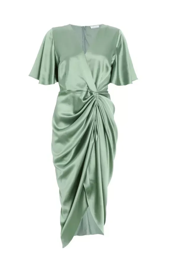 Women Petite Sage Satin Ruched Wrap Midi Dress Quiz Clothing Dresses