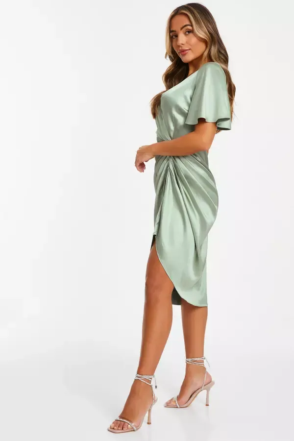 Women Petite Sage Satin Ruched Wrap Midi Dress Quiz Clothing Dresses