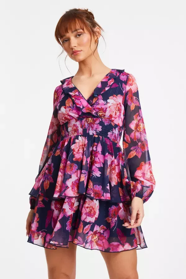 Women Pink Chiffon Floral Tiered Skater Mini Dress Quiz Clothing Dresses