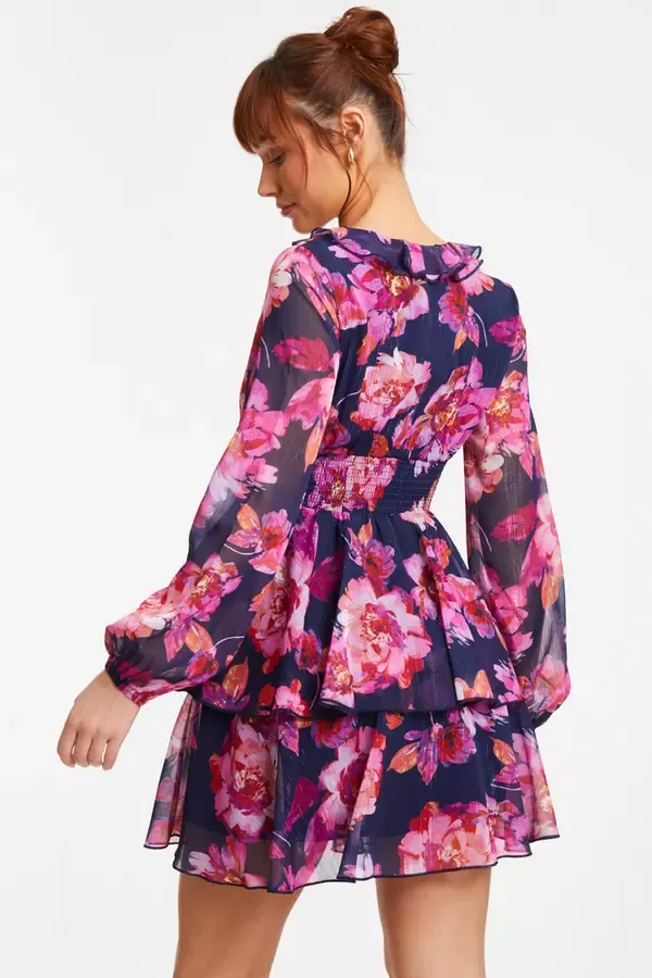Women Pink Chiffon Floral Tiered Skater Mini Dress Quiz Clothing Dresses