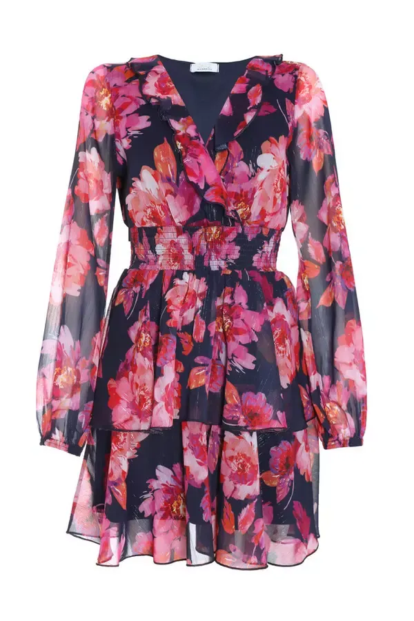 Women Pink Chiffon Floral Tiered Skater Mini Dress Quiz Clothing Dresses