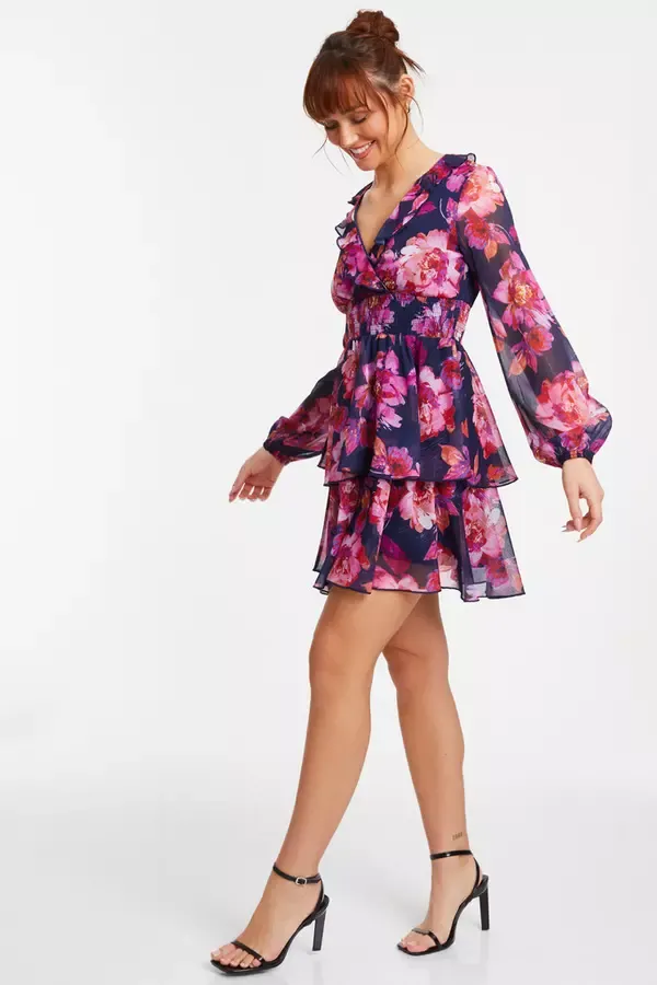 Women Pink Chiffon Floral Tiered Skater Mini Dress Quiz Clothing Dresses