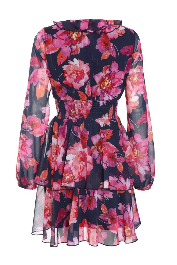 Women Pink Chiffon Floral Tiered Skater Mini Dress Quiz Clothing Dresses