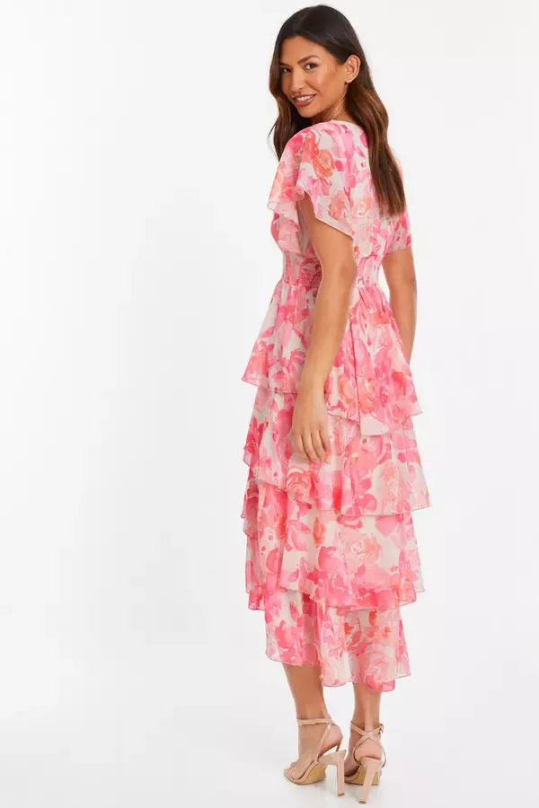 Women Pink Floral Print Chiffon Tiered Dip Hem Dress Quiz Clothing Dresses