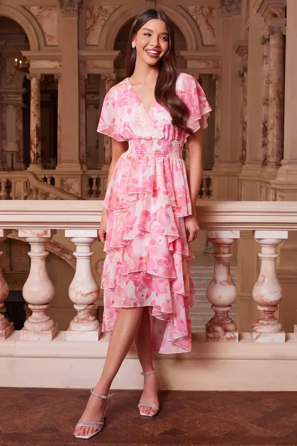 Women Pink Floral Print Chiffon Tiered Dip Hem Dress Quiz Clothing Dresses