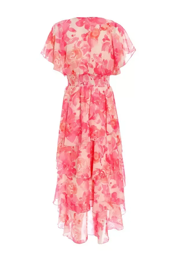 Women Pink Floral Print Chiffon Tiered Dip Hem Dress Quiz Clothing Dresses
