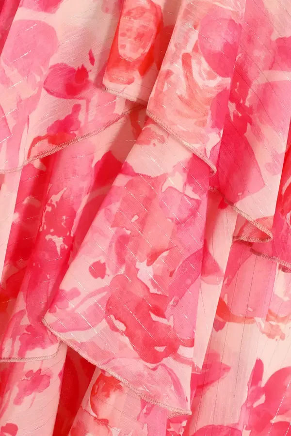 Women Pink Floral Print Chiffon Tiered Dip Hem Dress Quiz Clothing Dresses