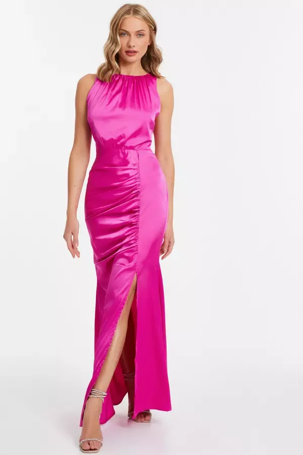 Women Pink Satin Ruched Maxi Dress Quiz Clothing Dresses