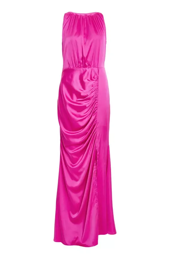Women Pink Satin Ruched Maxi Dress Quiz Clothing Dresses