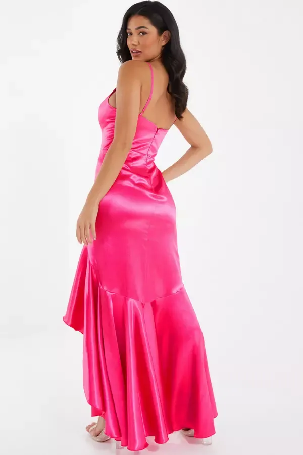 Women Pink Satin Ruffle Maxi Dress Quiz Clothing Dresses