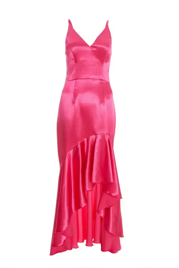 Women Pink Satin Ruffle Maxi Dress Quiz Clothing Dresses