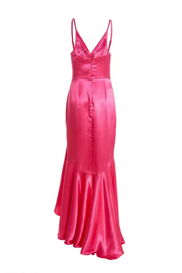 Women Pink Satin Ruffle Maxi Dress Quiz Clothing Dresses