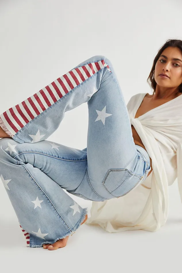Women Printed Jeans Free People Driftwood Farrah Printed Flare Jeans Gba Wash