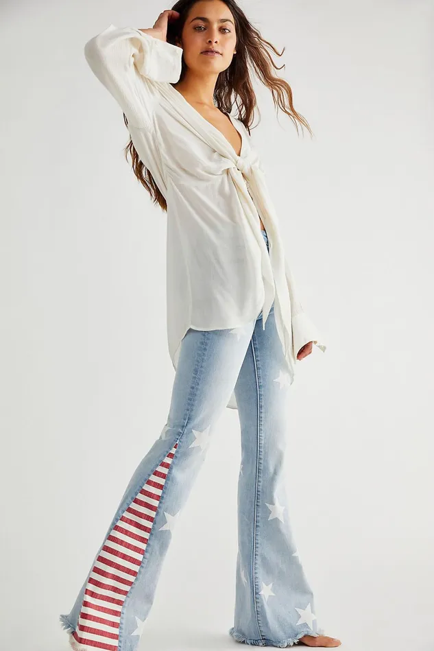 Women Printed Jeans Free People Driftwood Farrah Printed Flare Jeans Gba Wash
