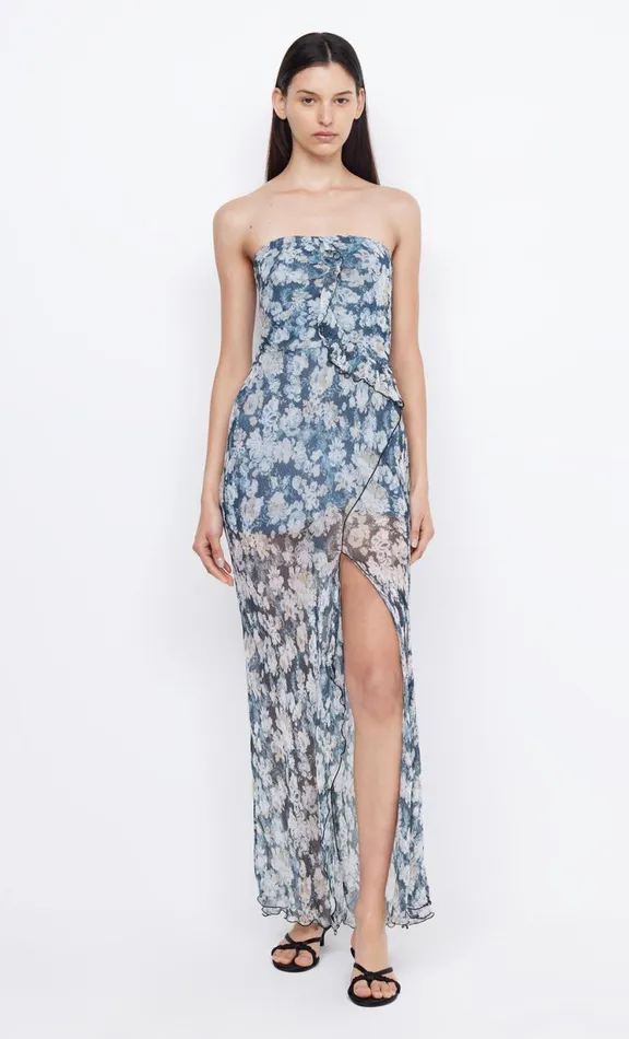 Women Prom Dresses Bec Bridge OPAL STRAPLESS MAXI DRESS 8211 DENIM FLORAL
