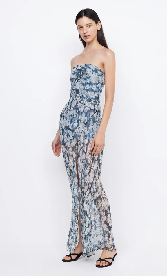 Women Prom Dresses Bec Bridge OPAL STRAPLESS MAXI DRESS 8211 DENIM FLORAL