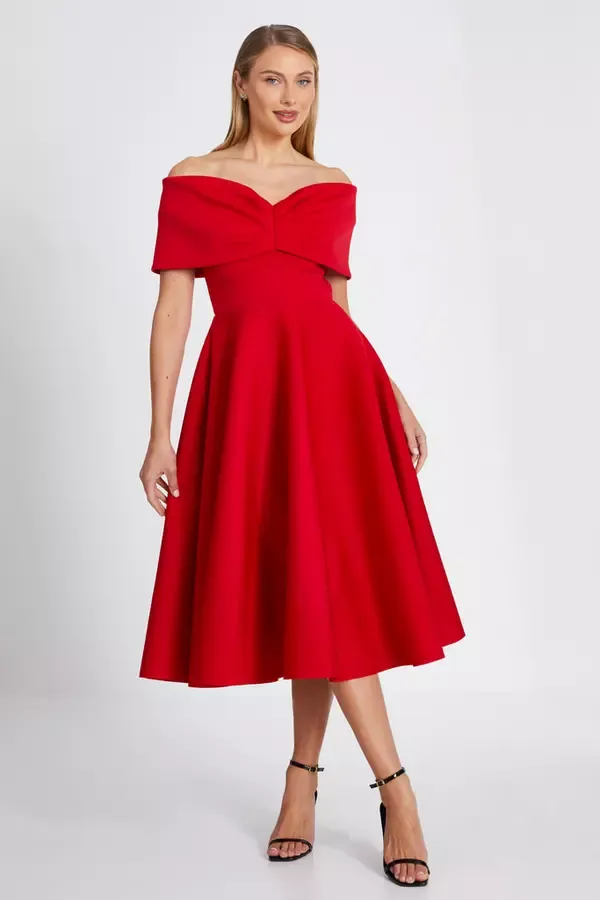 Women Red Bardot Skater Midi Dress Quiz Clothing Dresses