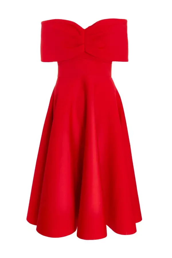 Women Red Bardot Skater Midi Dress Quiz Clothing Dresses