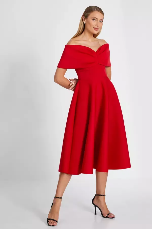 Women Red Bardot Skater Midi Dress Quiz Clothing Dresses