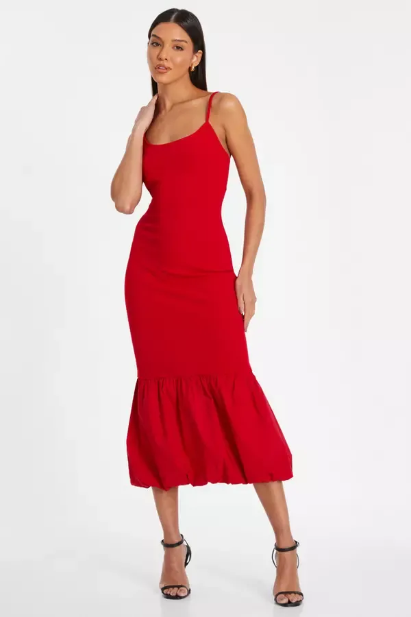 Women Red Puff Ball Midi Dress Quiz Clothing Going Out