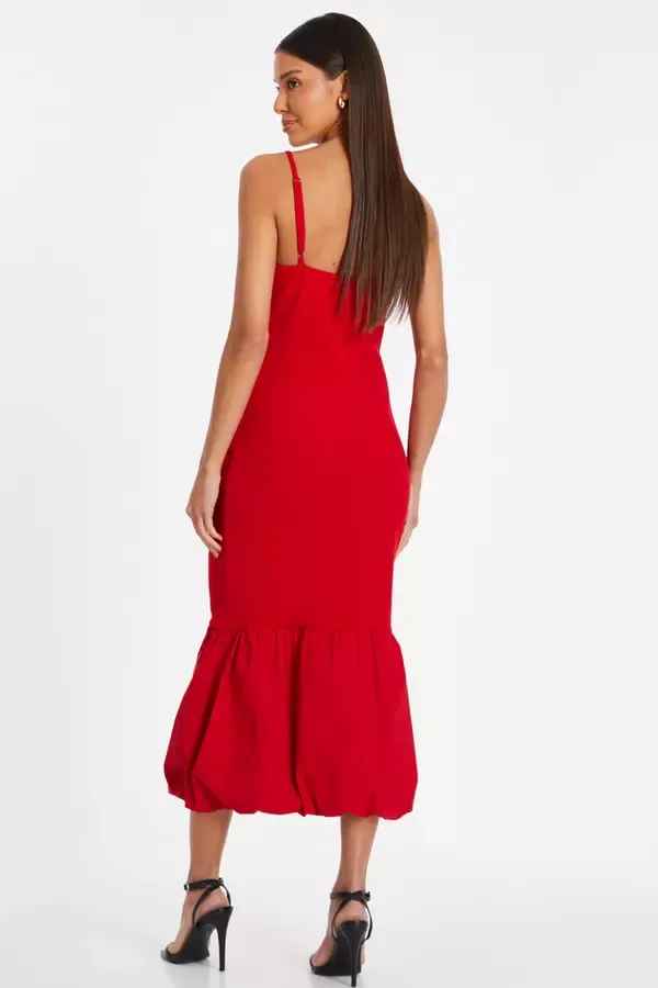 Women Red Puff Ball Midi Dress Quiz Clothing Going Out