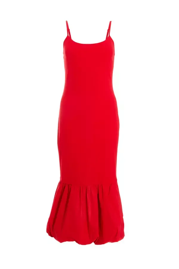 Women Red Puff Ball Midi Dress Quiz Clothing Going Out
