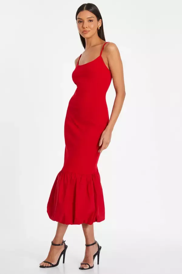 Women Red Puff Ball Midi Dress Quiz Clothing Going Out
