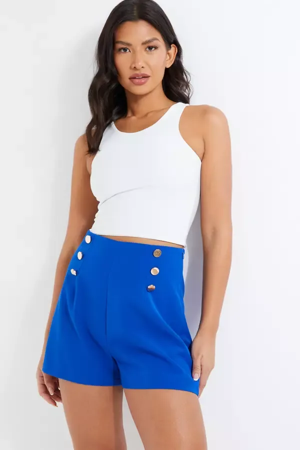 Women Royal Blue Button Tailored Shorts Quiz Clothing Shorts