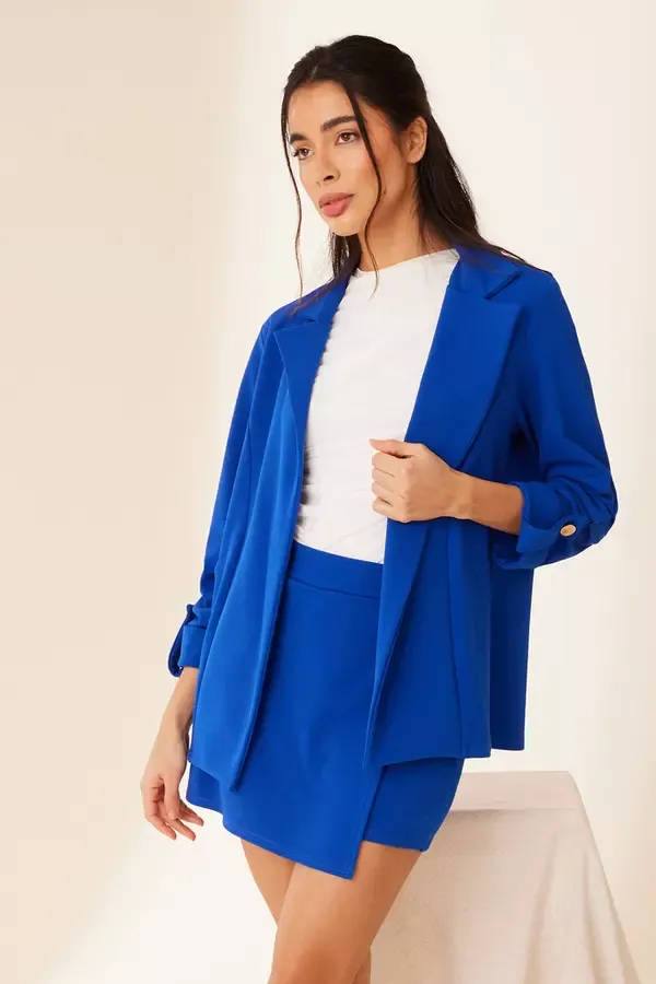 Women Royal Blue Ruched Sleeve Tailored Blazer Quiz Clothing Blazers