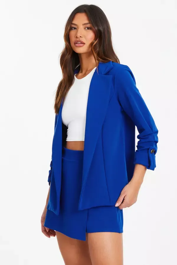 Women Royal Blue Ruched Sleeve Tailored Blazer Quiz Clothing Blazers