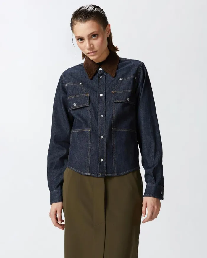Women Shirts Pinko Dark Blue Denim Shirt With Needlecord Collar Dark Navy Rinse Wash