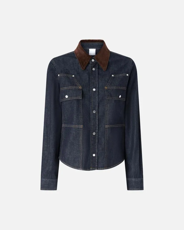 Women Shirts Pinko Dark Blue Denim Shirt With Needlecord Collar Dark Navy Rinse Wash Women Shirts Pinko Dark Blue Denim Shirt With Needlecord Collar Dark Navy Rinse Wash