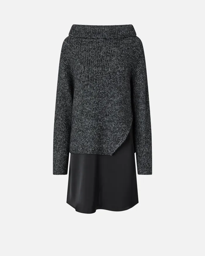 Women Short Dresses Pinko Dualfabric Dress With Alpacablend Sweater Greyblackwhite Women Short Dresses Pinko Dualfabric Dress With Alpacablend Sweater Greyblackwhite