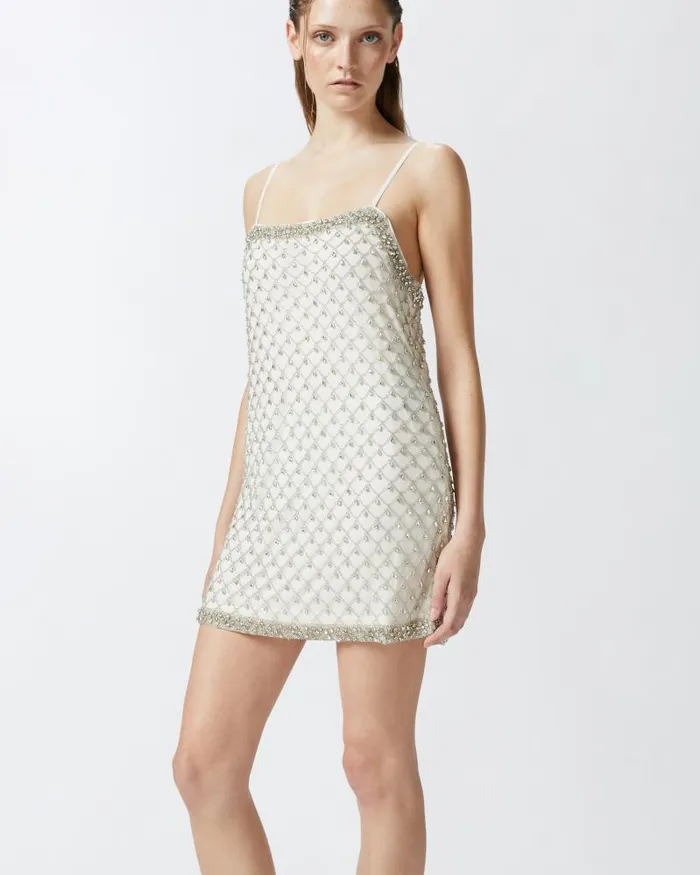 Women Short Dresses Pinko Mini Dress With Spaghetti Straps And Crystal Mesh Embroidery Whitecrystal
