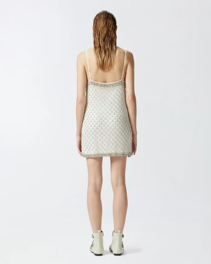 Women Short Dresses Pinko Mini Dress With Spaghetti Straps And Crystal Mesh Embroidery Whitecrystal Women Short Dresses Pinko Mini Dress With Spaghetti Straps And Crystal Mesh Embroidery Whitecrystal