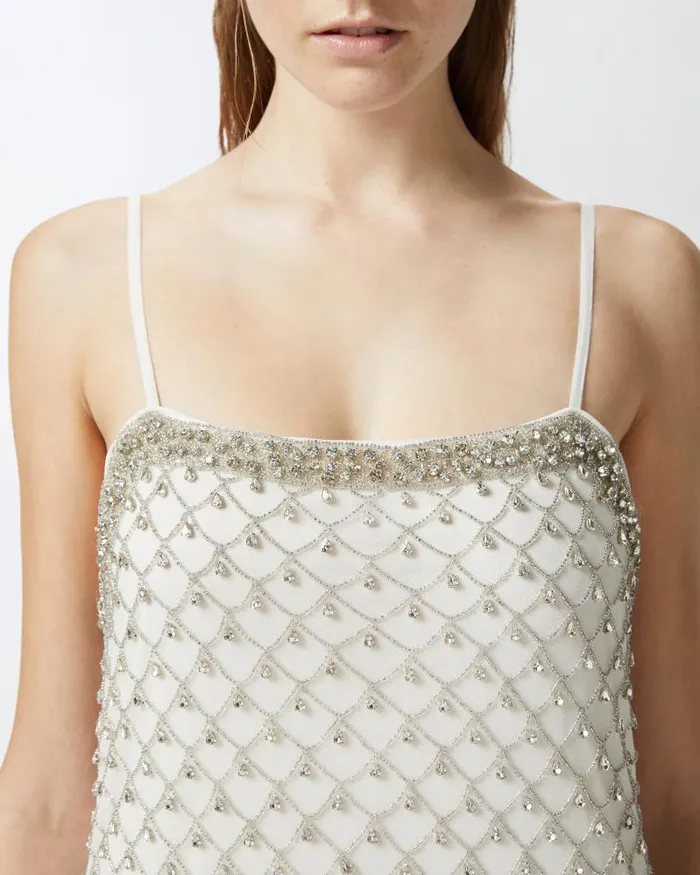 Women Short Dresses Pinko Mini Dress With Spaghetti Straps And Crystal Mesh Embroidery Whitecrystal Women Short Dresses Pinko Mini Dress With Spaghetti Straps And Crystal Mesh Embroidery Whitecrystal