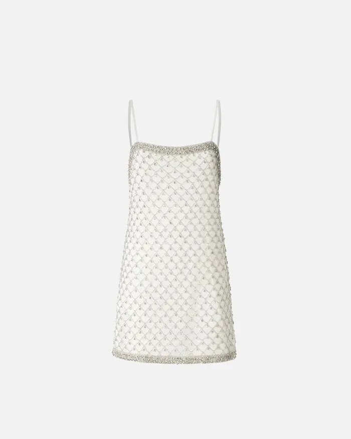 Women Short Dresses Pinko Mini Dress With Spaghetti Straps And Crystal Mesh Embroidery Whitecrystal Women Short Dresses Pinko Mini Dress With Spaghetti Straps And Crystal Mesh Embroidery Whitecrystal