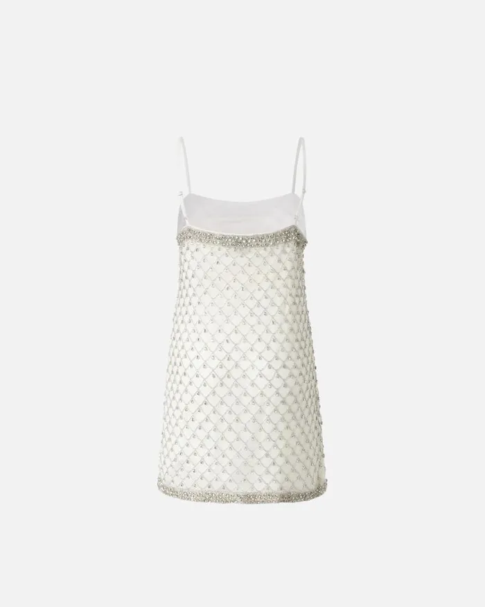 Women Short Dresses Pinko Mini Dress With Spaghetti Straps And Crystal Mesh Embroidery Whitecrystal Women Short Dresses Pinko Mini Dress With Spaghetti Straps And Crystal Mesh Embroidery Whitecrystal